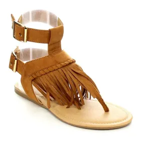 Womens T-strap Fringe Buckle Flat Thong Gladiator Sandals