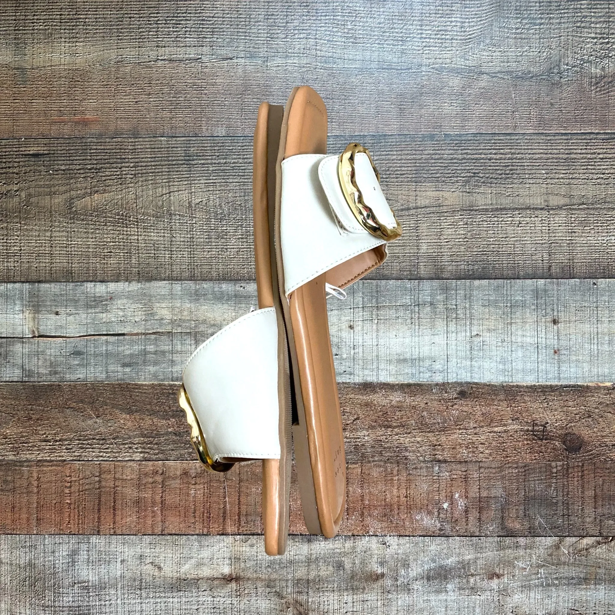 A New Day Cream Strap with Gold Buckle Flat Sandals- Size 8 (Like New Condition)