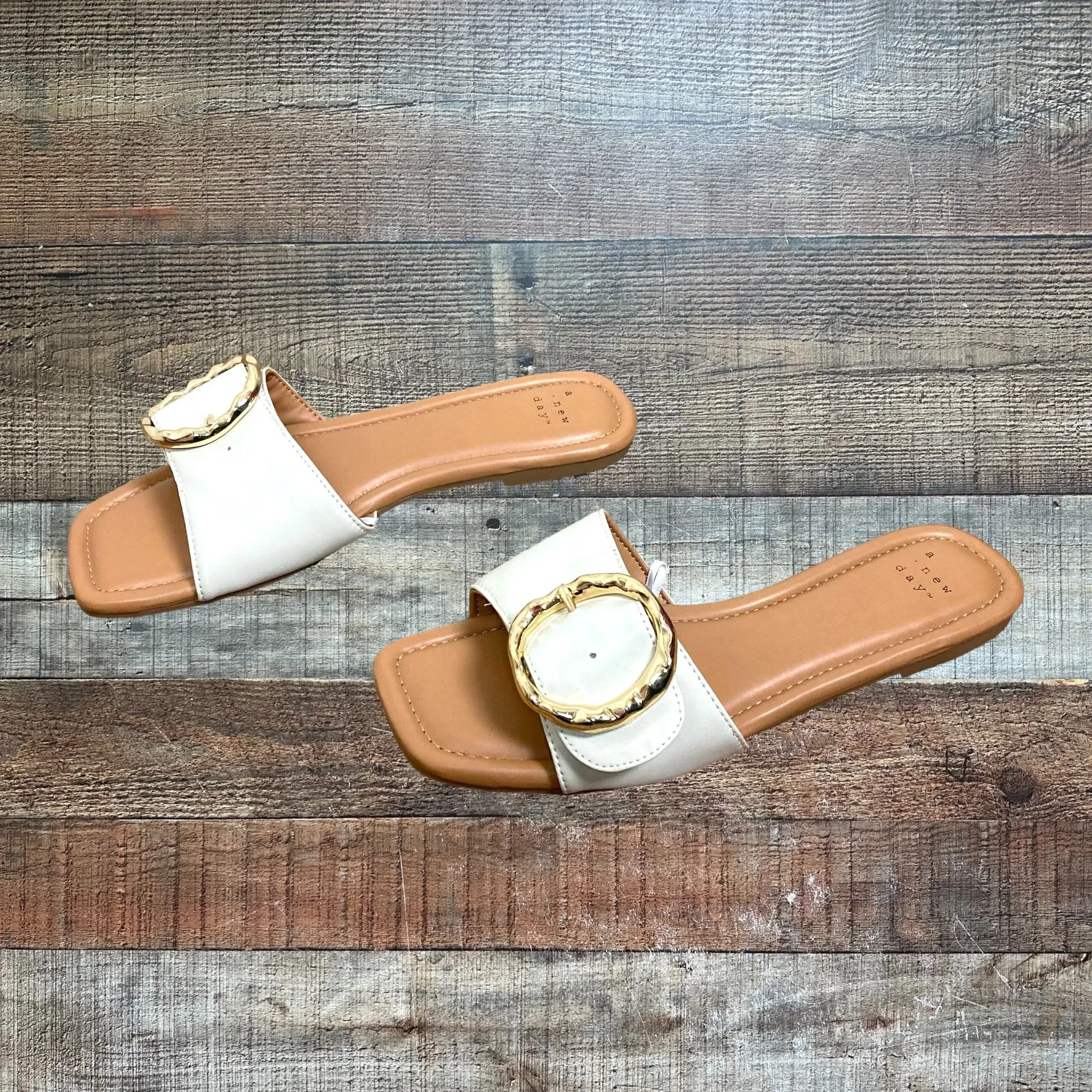 A New Day Cream Strap with Gold Buckle Flat Sandals- Size 8 (Like New Condition)