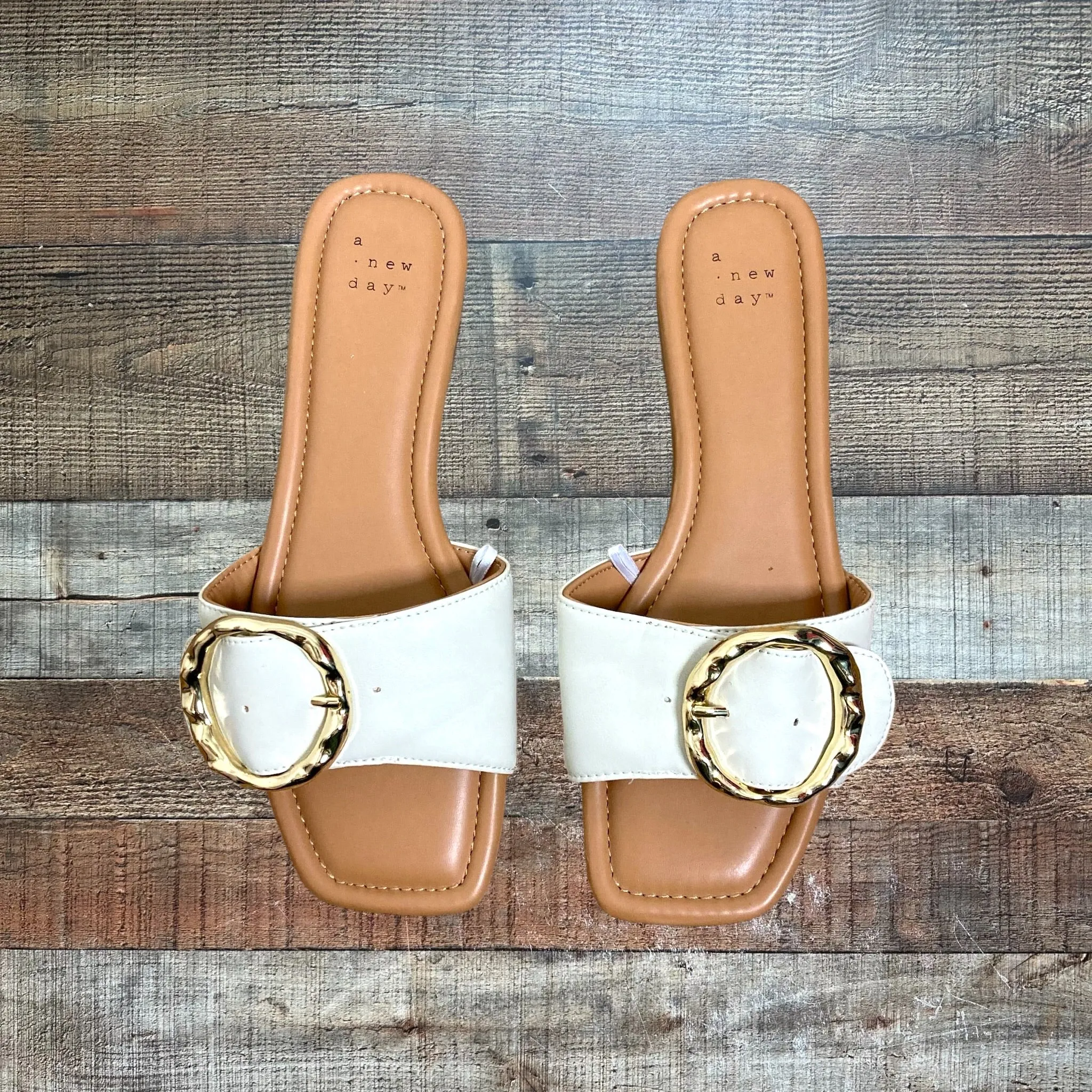 A New Day Cream Strap with Gold Buckle Flat Sandals- Size 8 (Like New Condition)