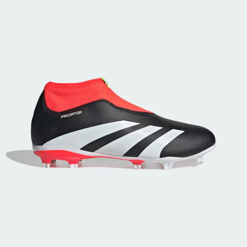 Adidas Predator 24 League LAceless Firm Ground Fooball Kids Unisex Shoes (4-7Year) -Core Black/Cloud White/Solar Red