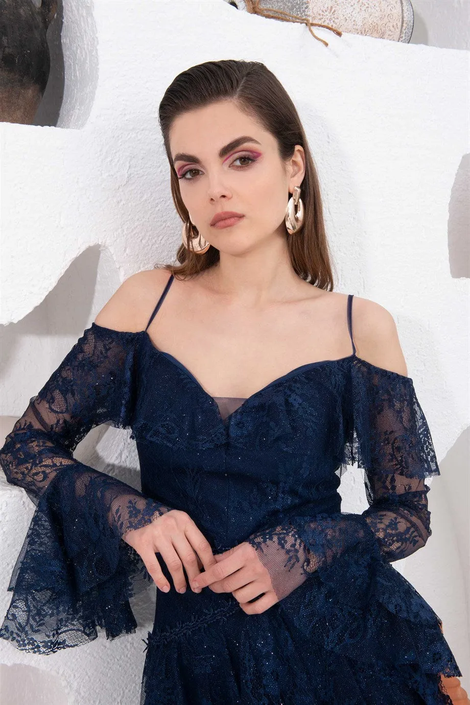 Angelino Navy Blue Lace Long Sleeve Short Evening Dress