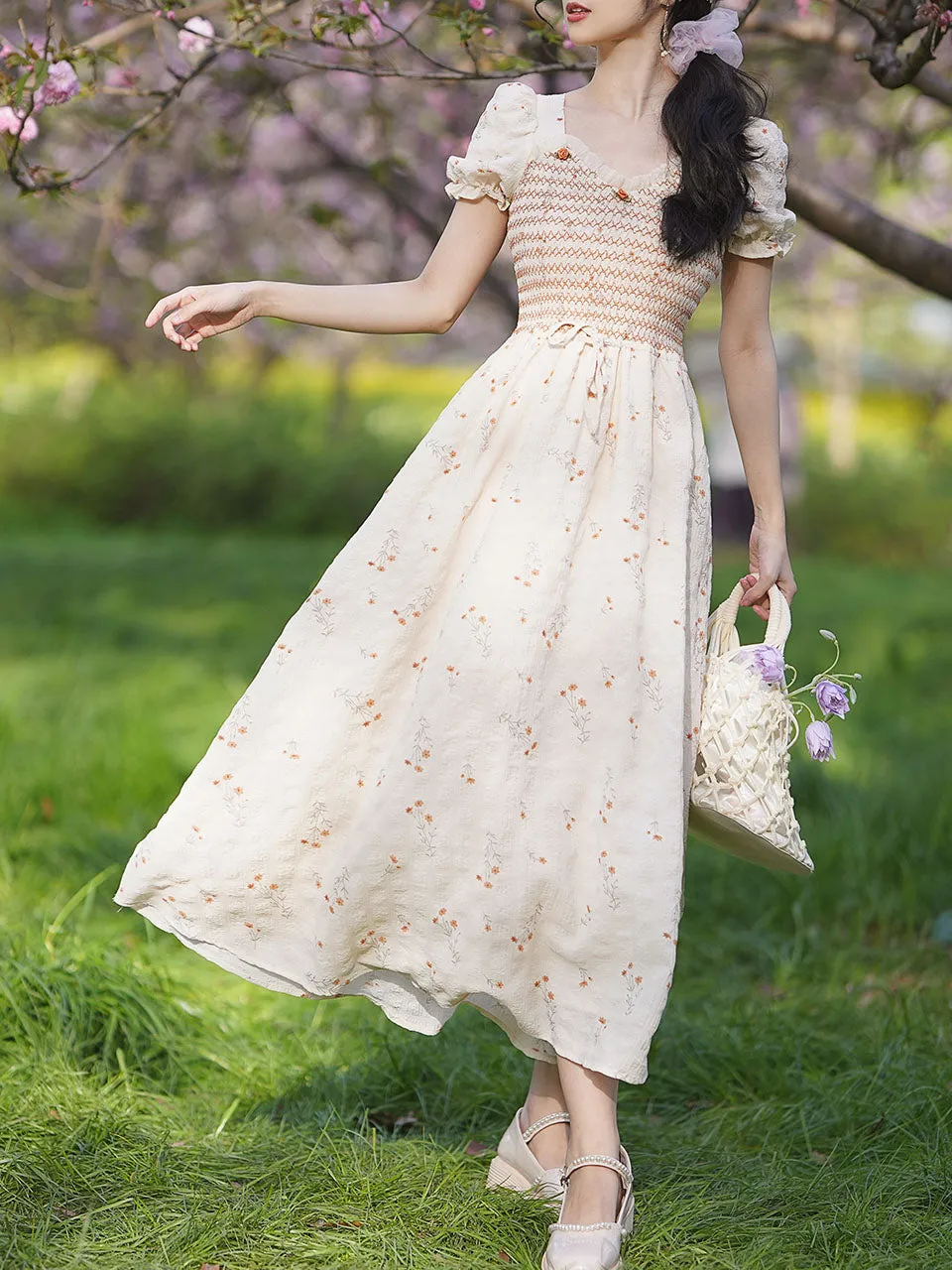 Apricot V Neck Floral Smocking Princess Puff Sleeve Vintage Dress