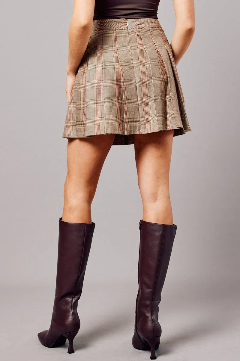 Beige Check Tennis Skirt Pleated Mini