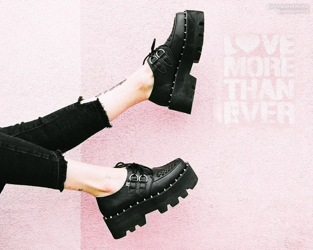 Black Faux Leather Dino Lug Sole Creeper