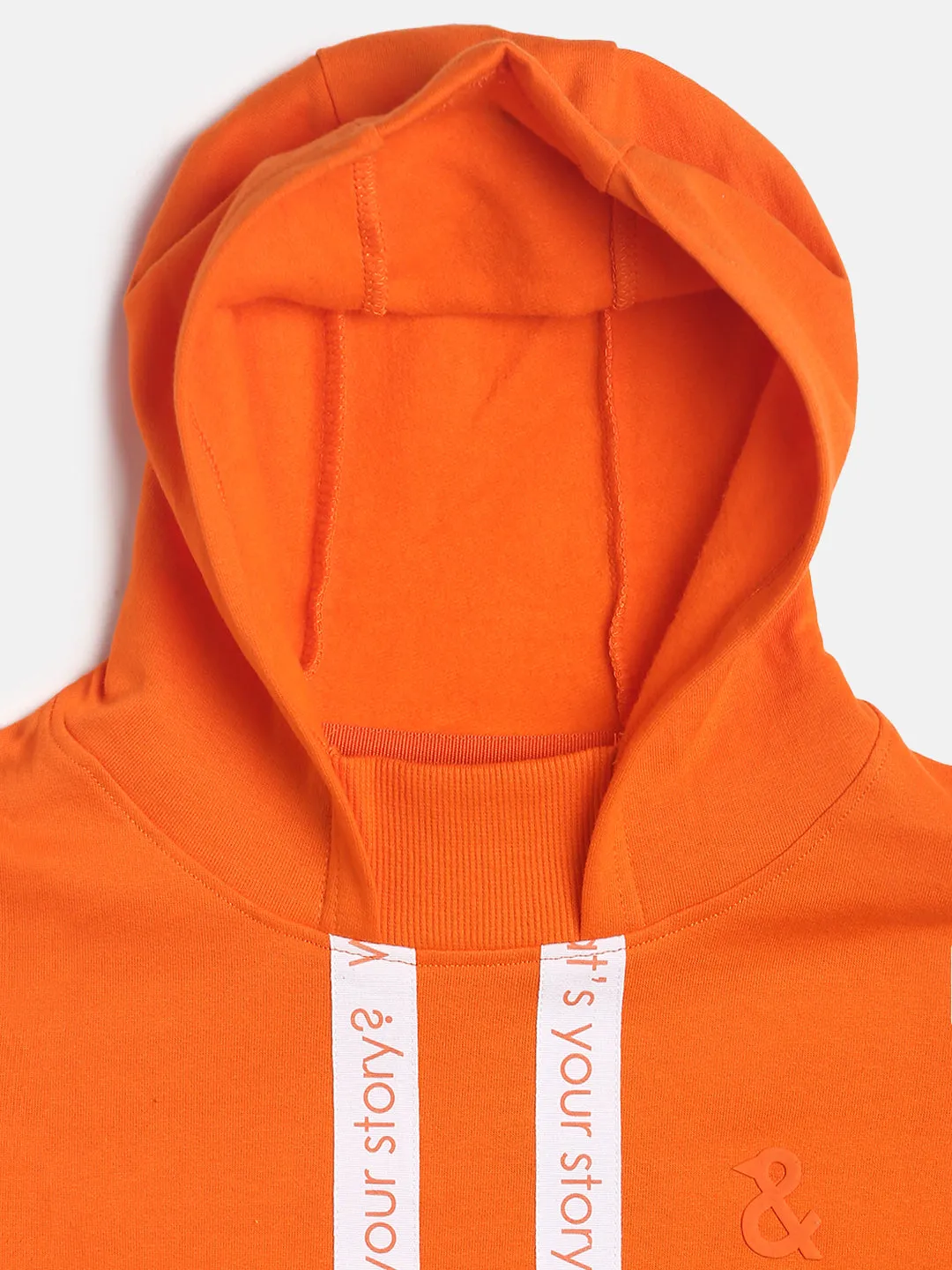 Boys Orange Poly Cotton Applique Full Sleeves Sweatshirt with Hood