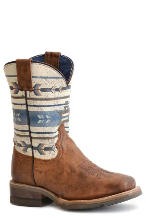 Boys Roper Burnish Tan Square Toe Boot w/ Native Design On Shaft