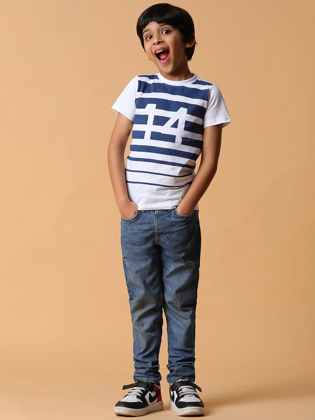 Boys White & Blue Striped Cotton T-shirt