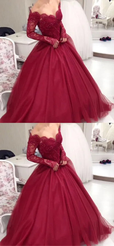 Burgundy Lace Tulle Ball Gown Long Sleeves V-neck Long Prom Dresses, SP459