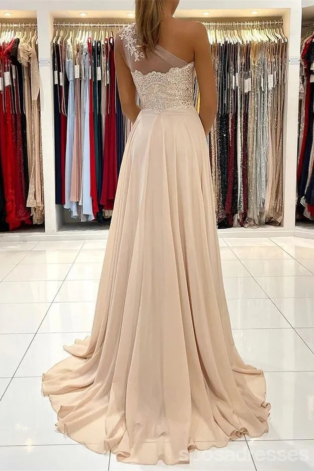 Champagne A-line One Shoulder High Slit Long Prom Dresses Online,12838