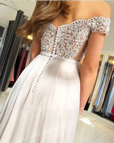 Chiffon Off the Shoulder Beaded Lace Long Prom Dresses Evening Gowns, SP352