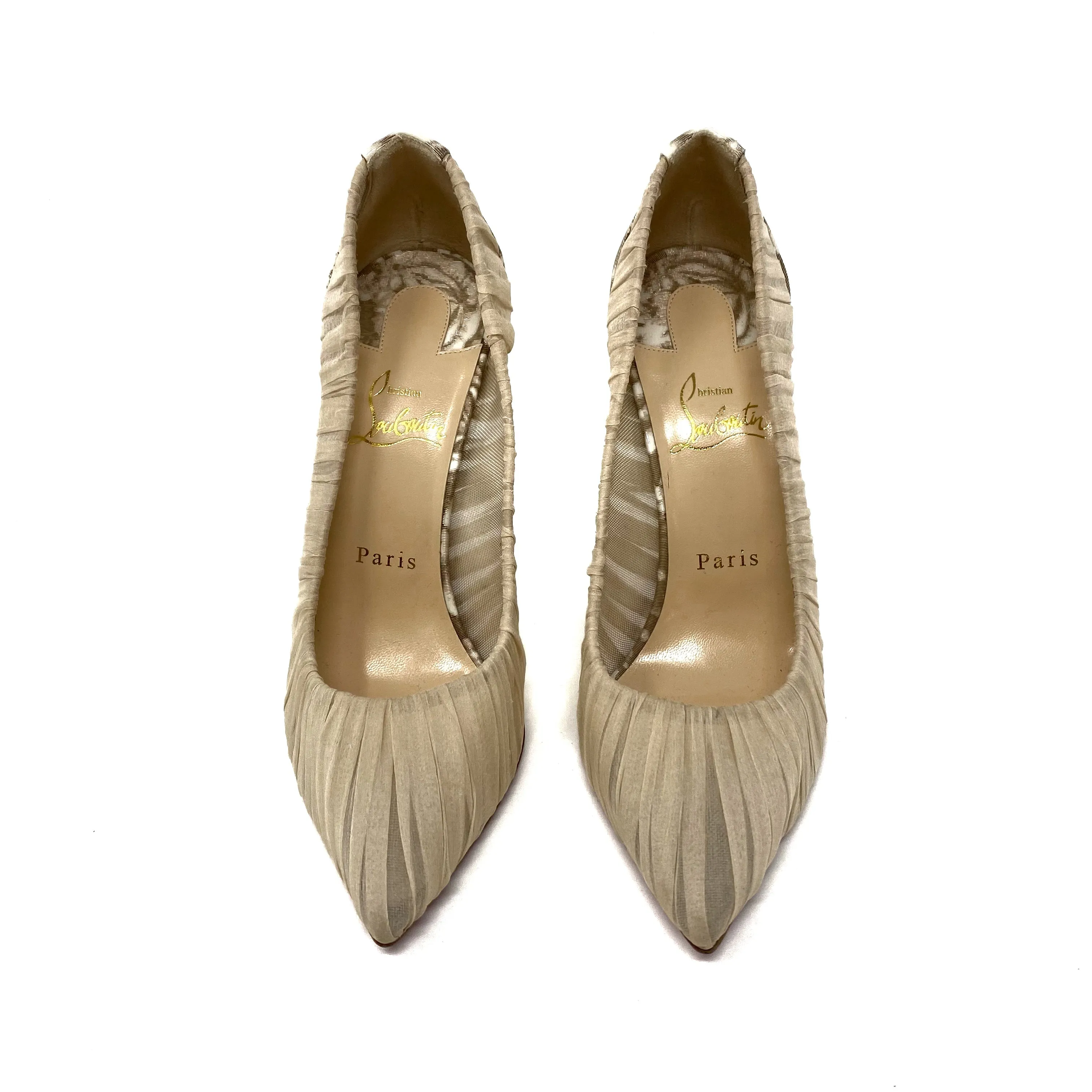 Christian Louboutin Pigalle Follies 100 Pumps Natural Draperia Tulle 38 | 7.5