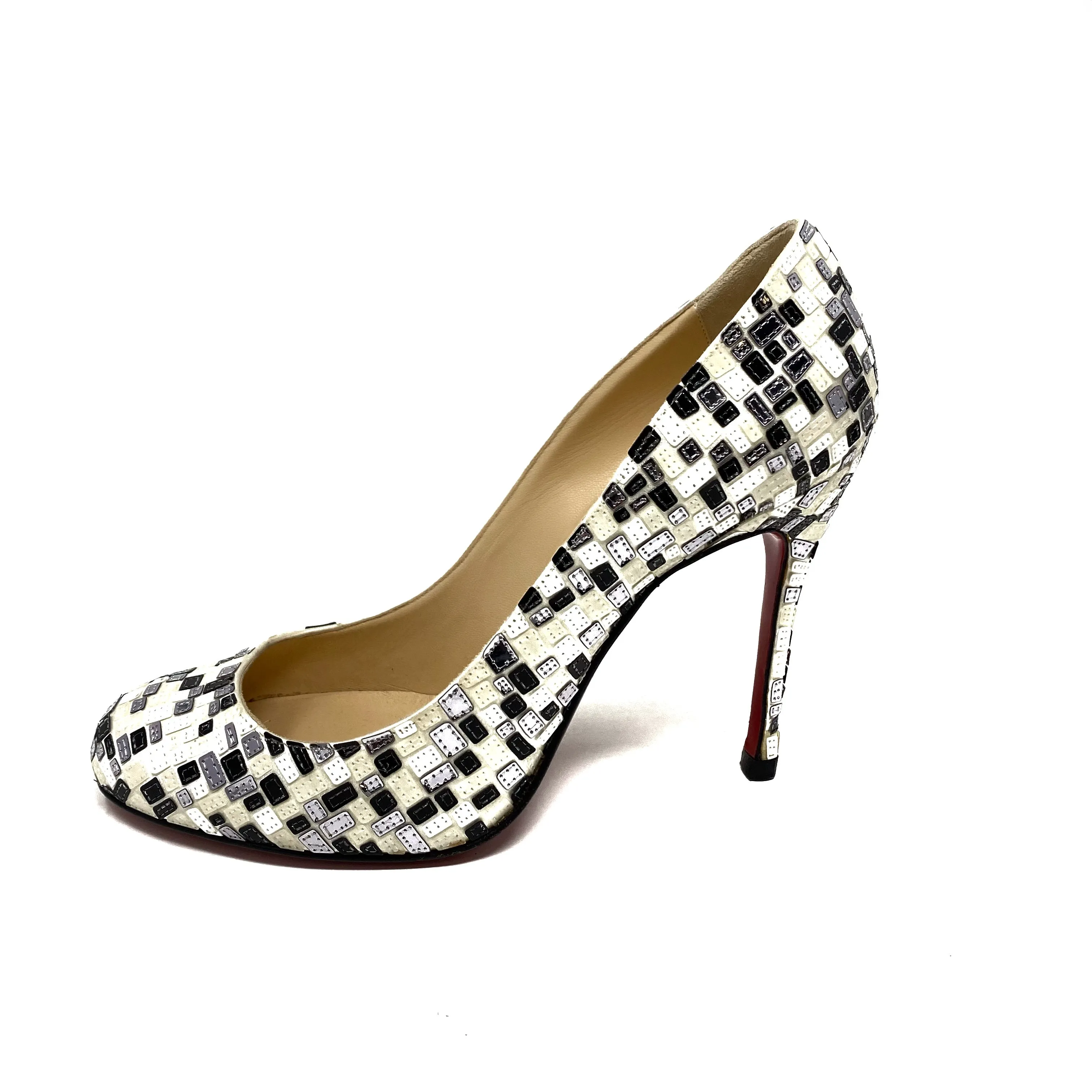 Christian Louboutin Simple Pump 100mm in Black White Sequins 38 | 7.5