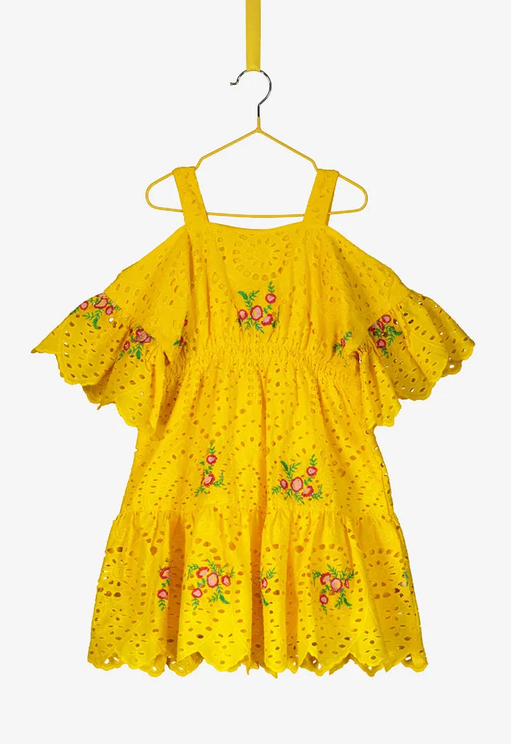 Cold-Shoulder Schiffli Peasant Dress