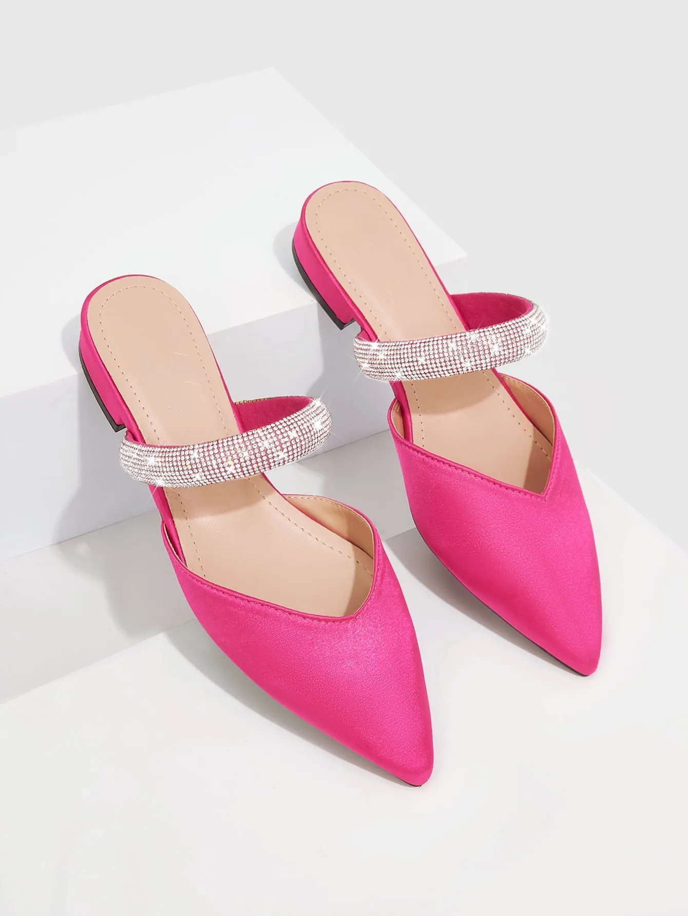 CUCCOO CHICEST Woman Shoes Fashion Rhinestone Decor Point Toe Satin Elegant Hot Pink Flat Mules For Spring And Summer Vacation Shoes Summer Sale Elegant Flats