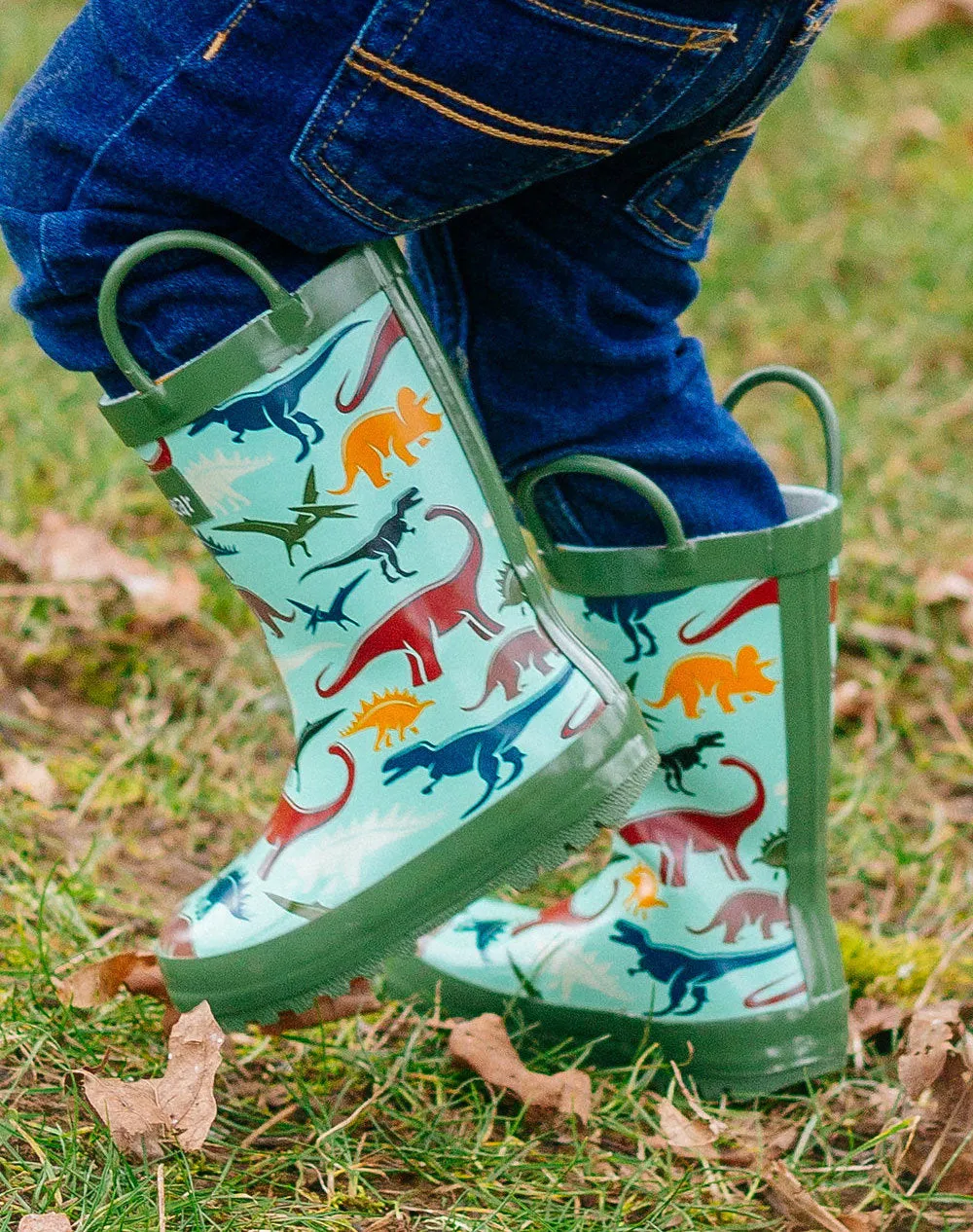 Earthy Dinosaurs Loop Handle Rubber Rain Boots