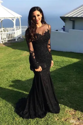 Elegant Black Long Sleeves Mermaid Prom Evening Dress with Real Appliques,M328