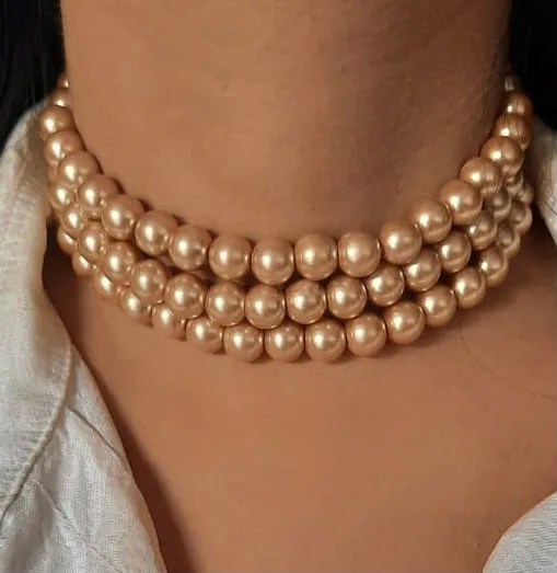 Estele - Enchanting Three Line Gold Pearl Choker