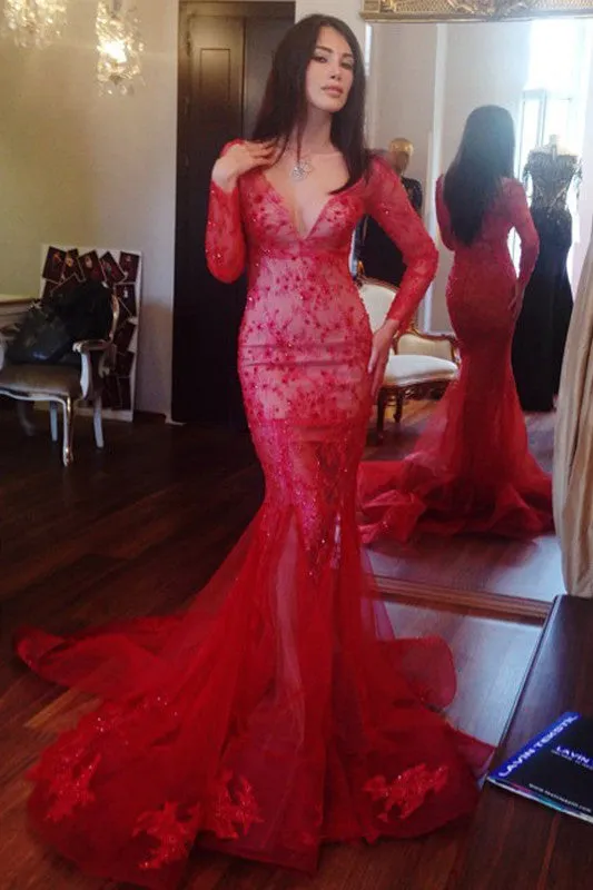 Fabulous Red Long Sleeves V-neck Mermaid Prom Dress with Appliques Beading,SVD330