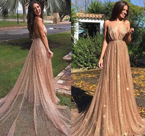 Fabulous Sparkly Lace Spaghetti Straps V-neck Prom Dresses Formal Dress, SP479