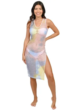 Fitted fishnet dress at knee length in Black, white and Tie Dye