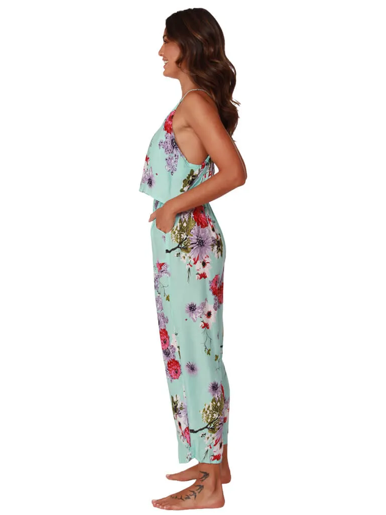 Flounced top jumpsuit in a bright floral print