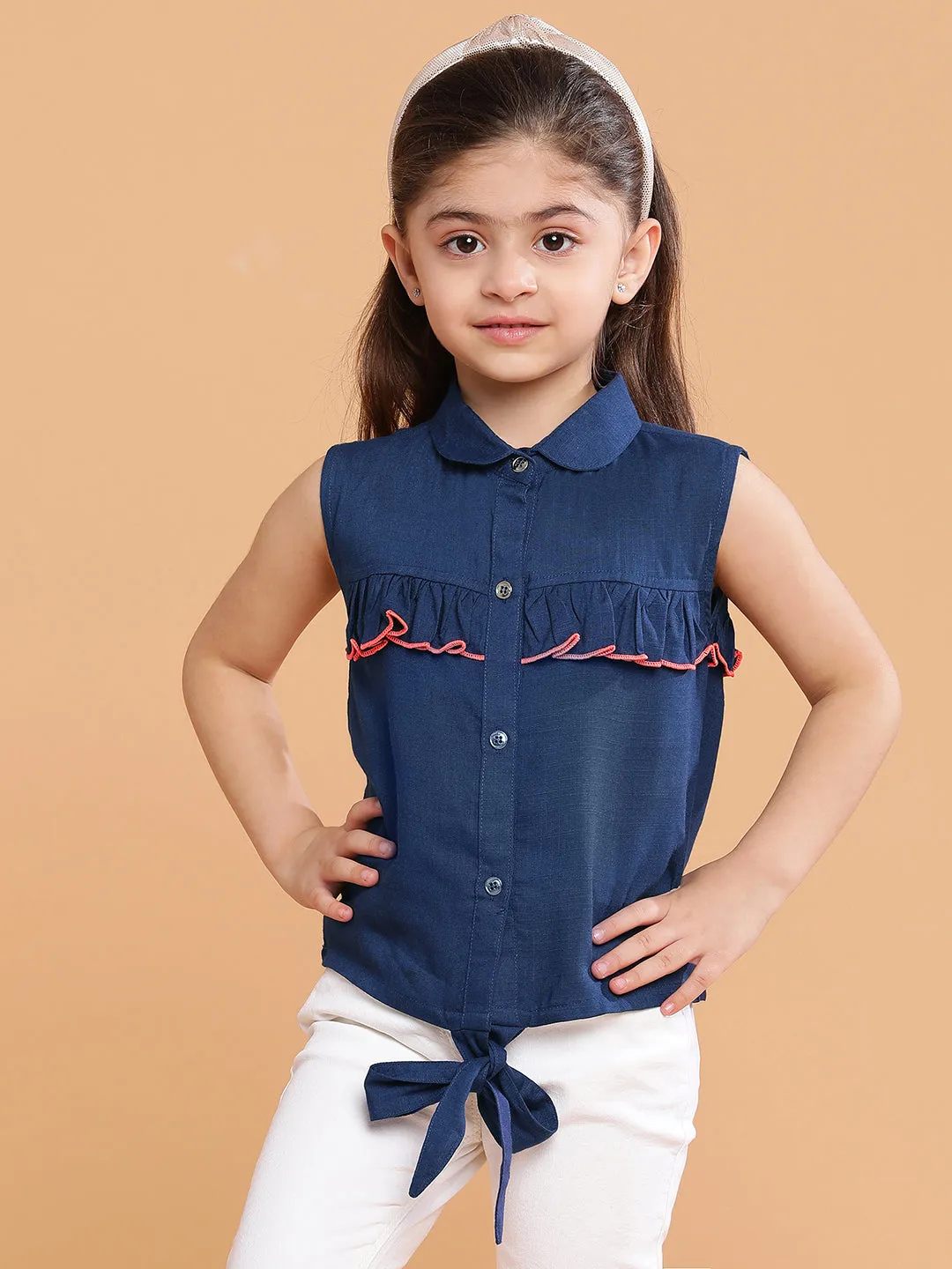 Girls Navy Blue Cotton Spread Collar Top