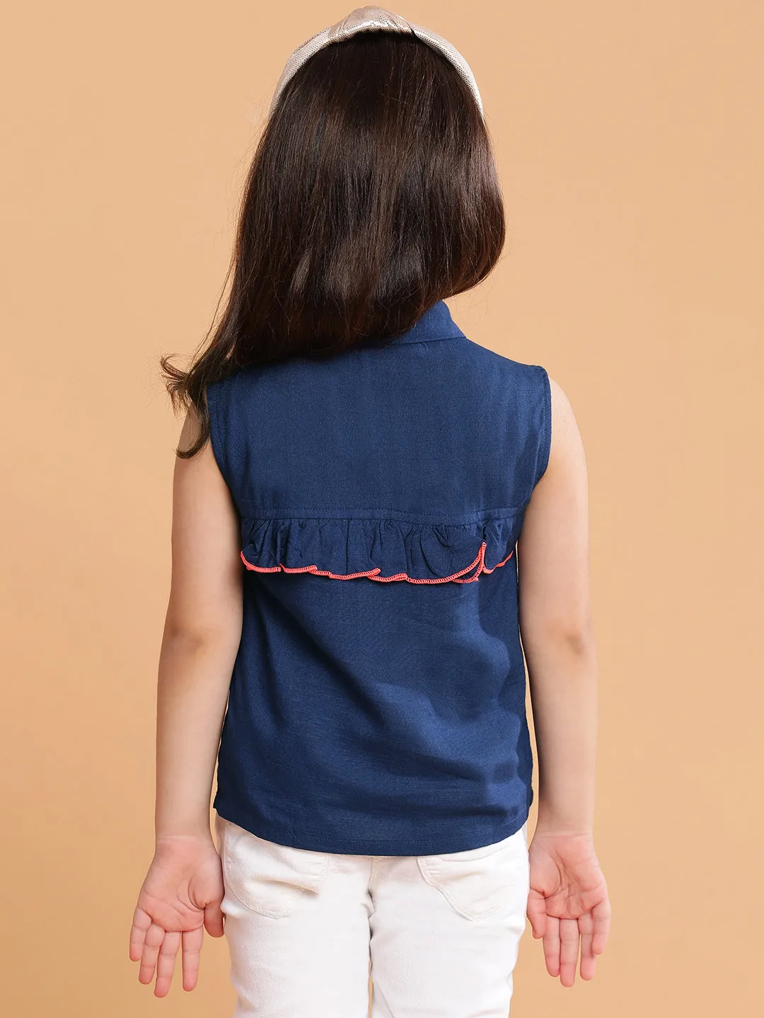 Girls Navy Blue Cotton Spread Collar Top