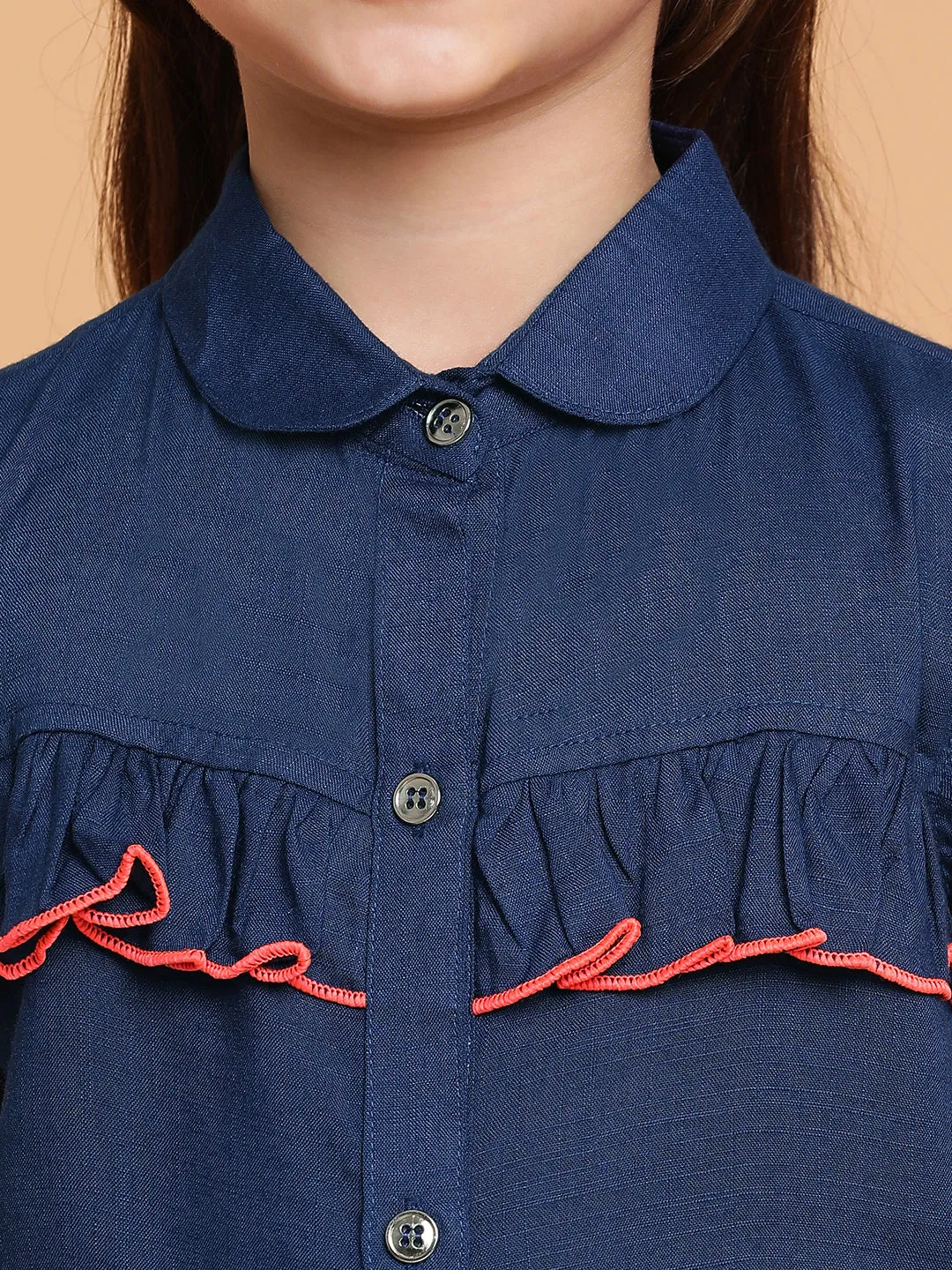 Girls Navy Blue Cotton Spread Collar Top