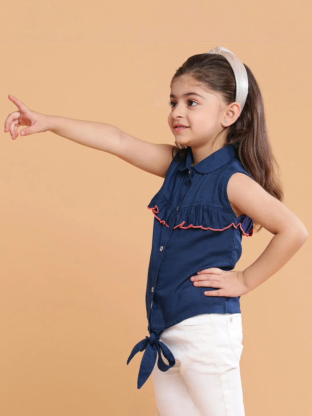 Girls Navy Blue Cotton Spread Collar Top