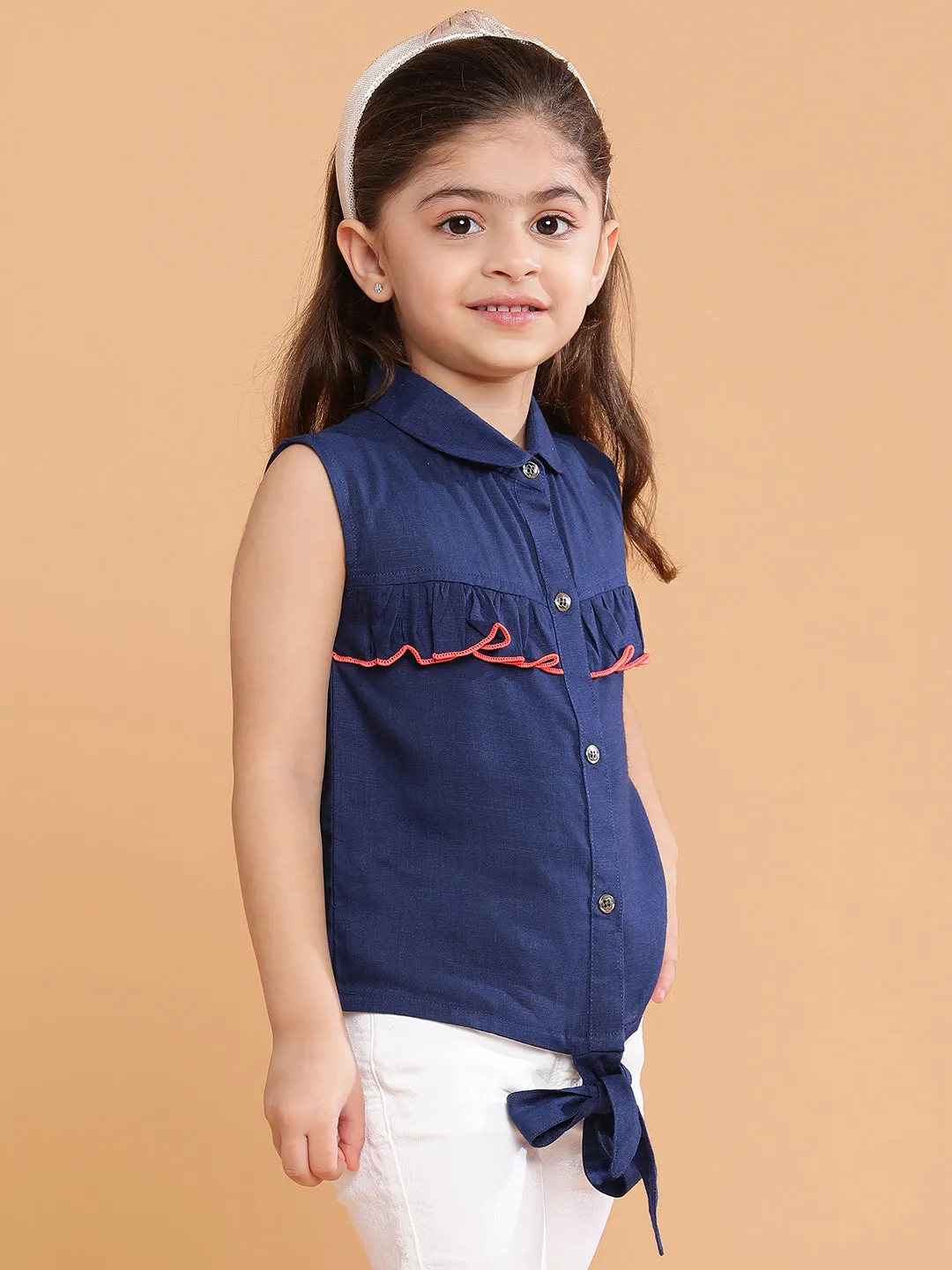 Girls Navy Blue Cotton Spread Collar Top