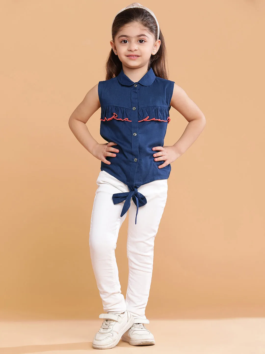 Girls Navy Blue Cotton Spread Collar Top