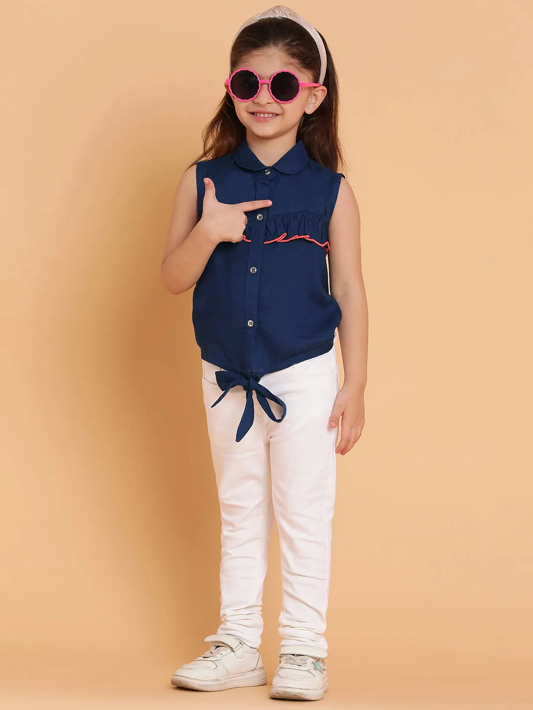 Girls Navy Blue Cotton Spread Collar Top