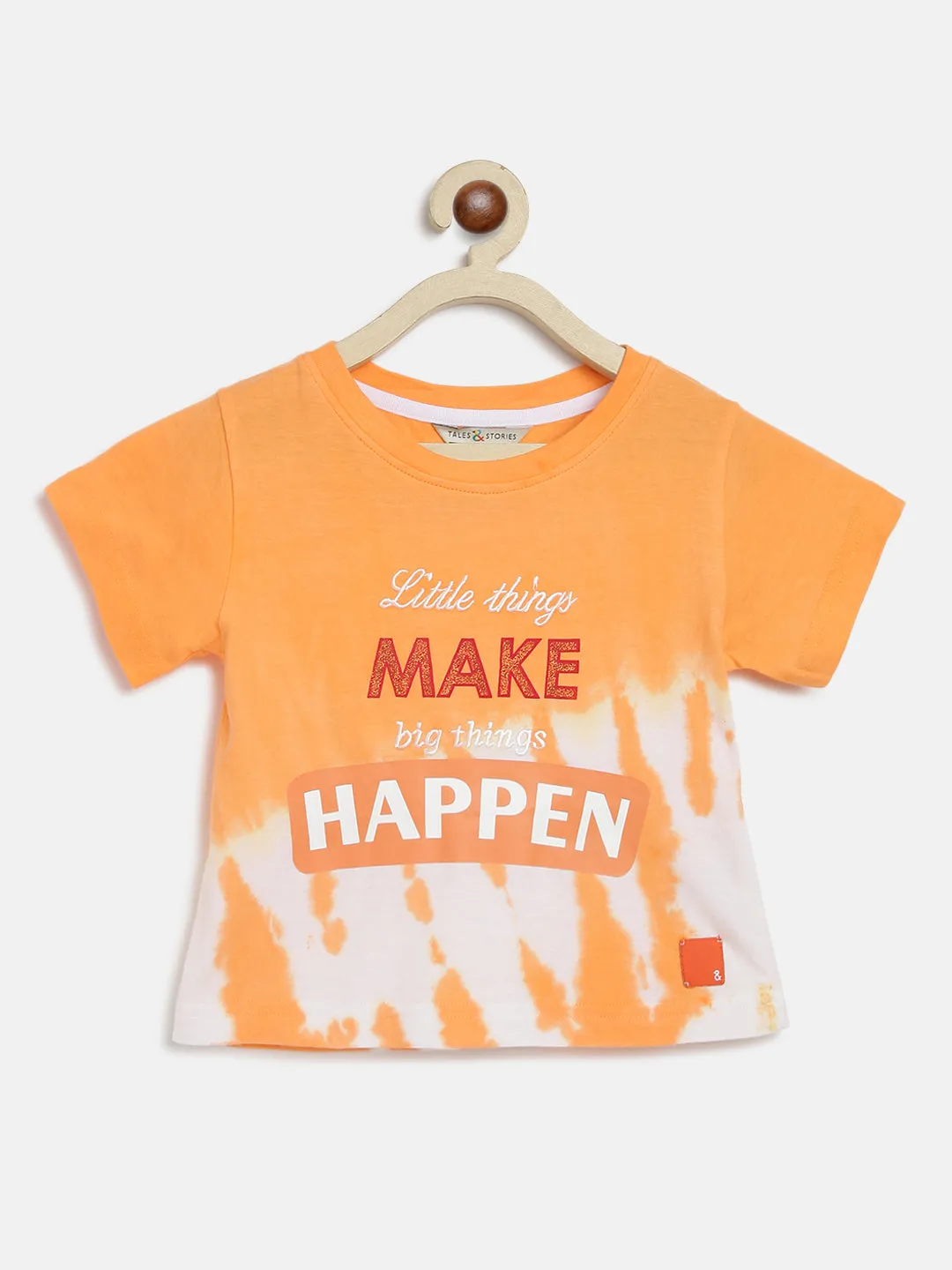 Girls Orange Cotton Embroidery T-shirt