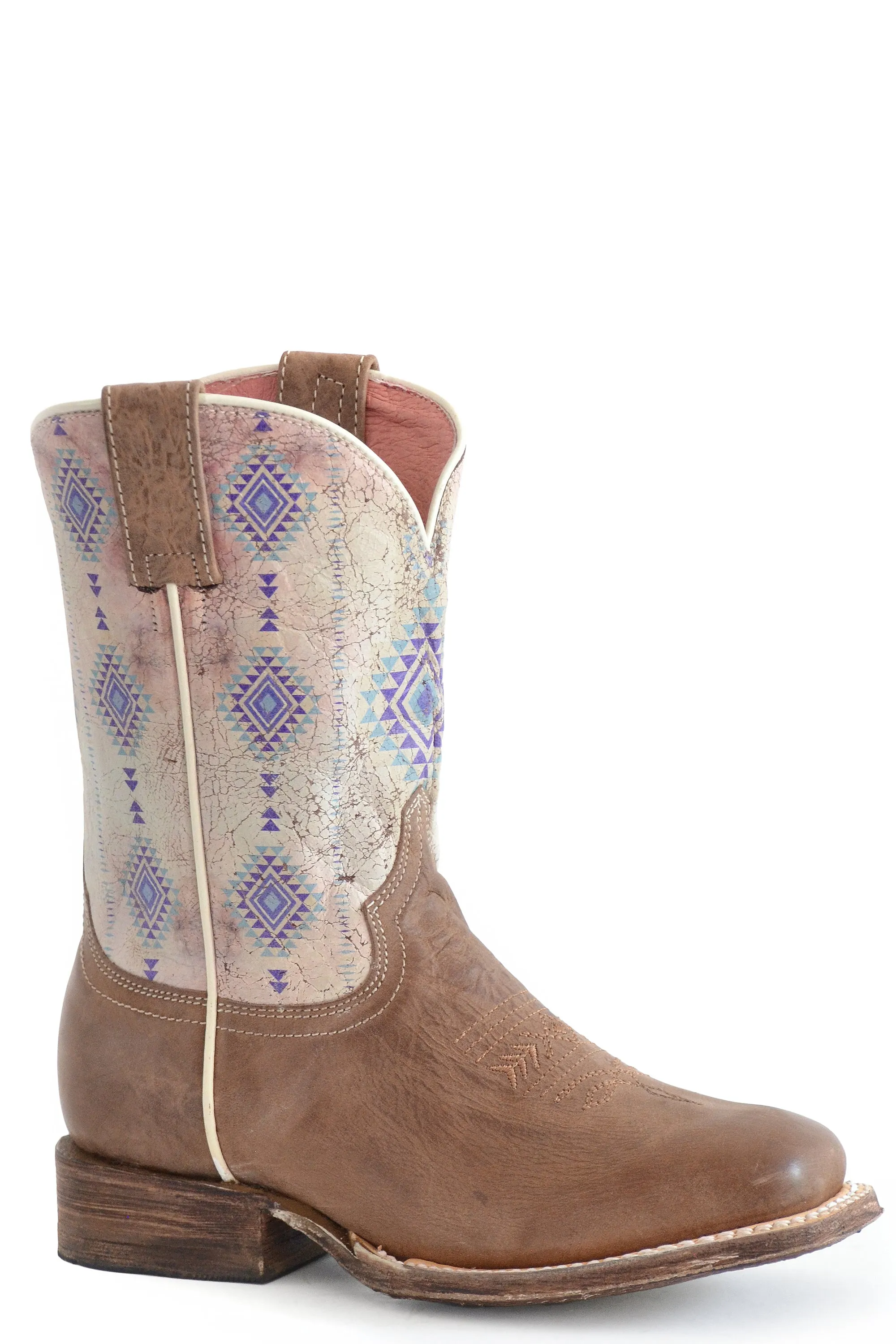 Girls Roper Burnish Tan Square Toe Boot w/ Purple Aztec Design