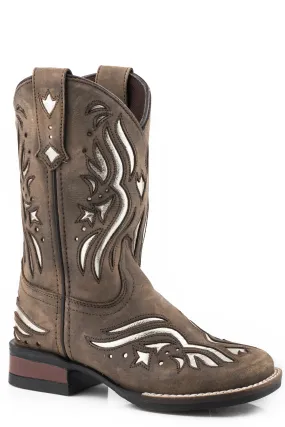 Girls Roper Oiled Brown Square Toe Boot w/ Metallic Silver Underlay