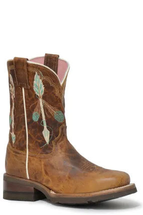 Girls Roper Waxy Brown Square Toe Boot w/ Arrow-Feather Embroidery