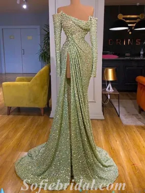 Gorgeous Charming Special Fabric Off Shoulder Long Sleeves Side Slit Mermaid Long Prom Dresses,SFPD0470