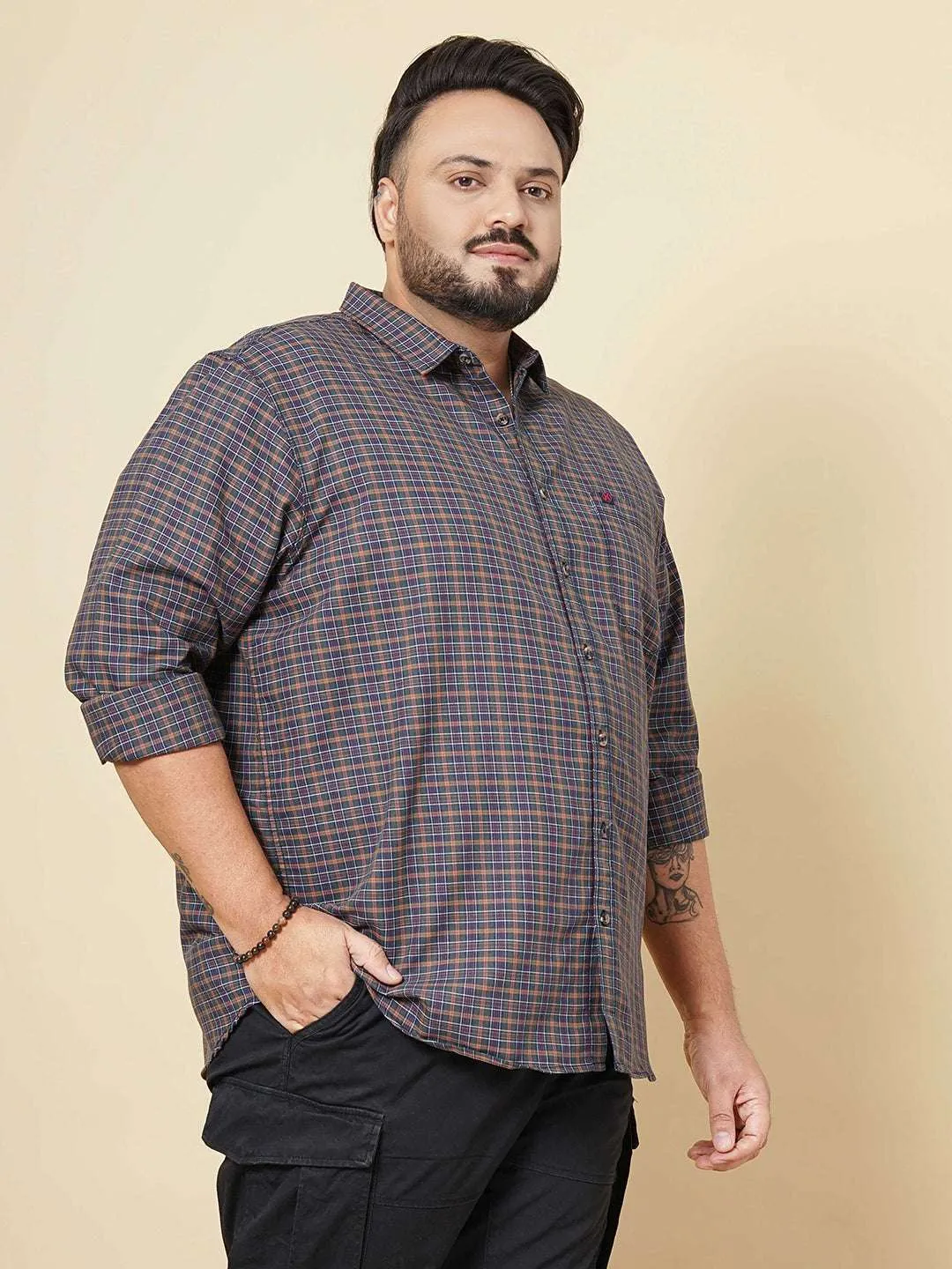 Hardsoda Men Olive Plus Size Checked Casual Shirt