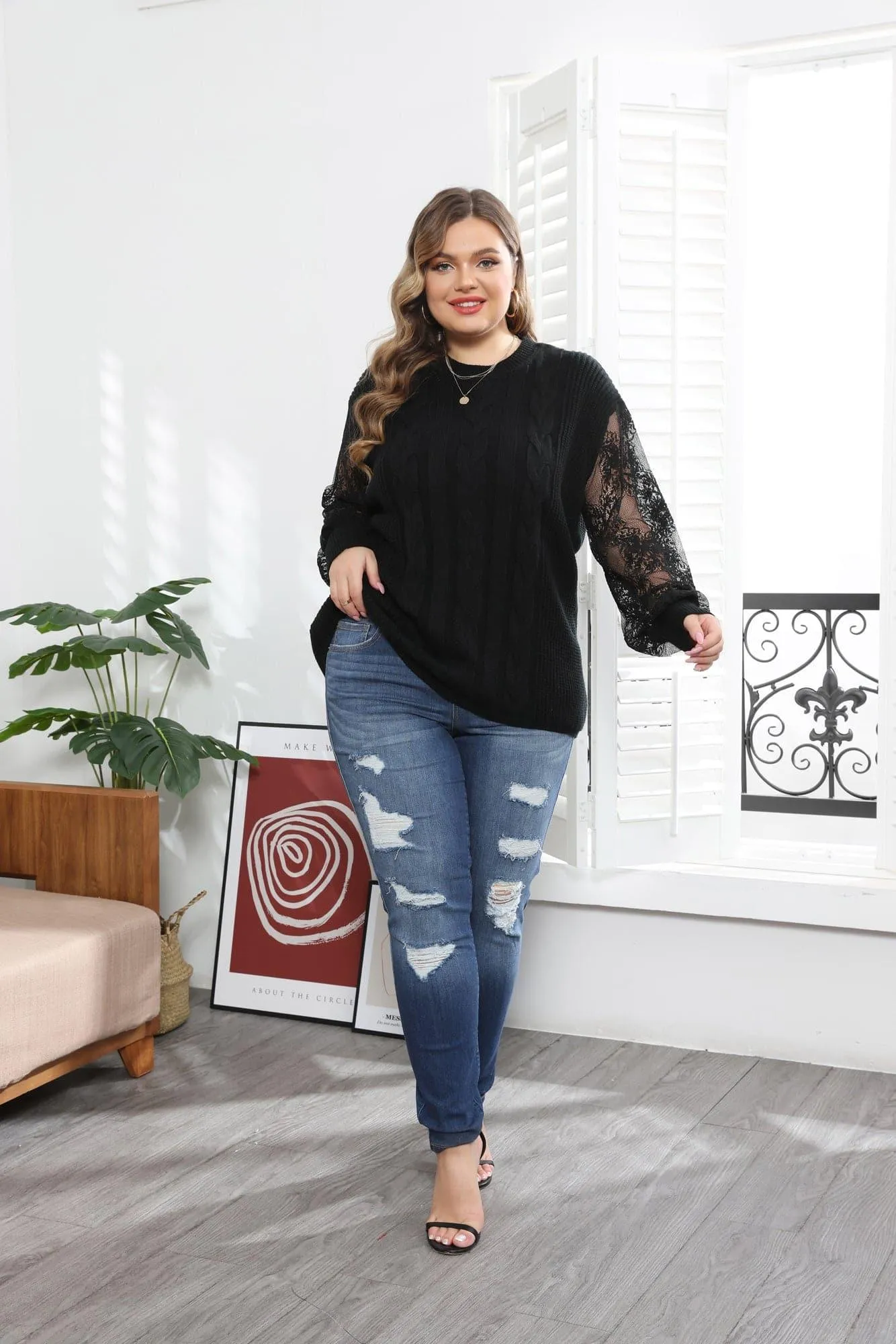 HN Women Plus Size Lace Patchwork Sweater