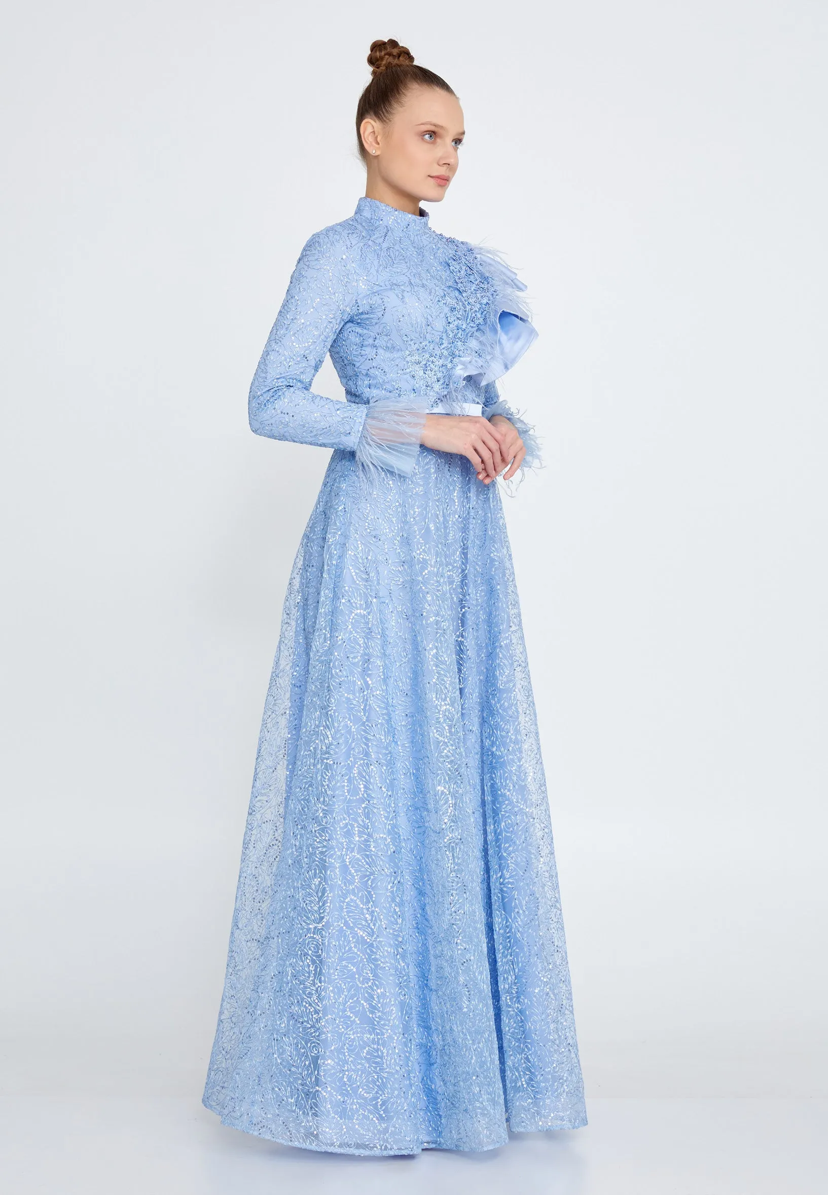 Modest Lace Full Sleeve Ruffle Neck Long Dress - Baby Blue