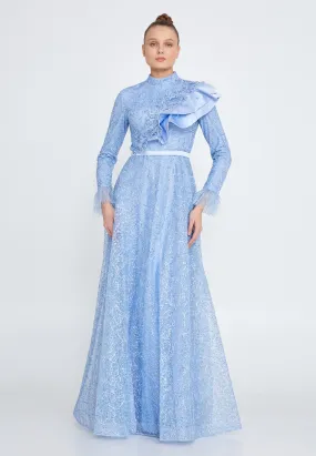 Modest Lace Full Sleeve Ruffle Neck Long Dress - Baby Blue