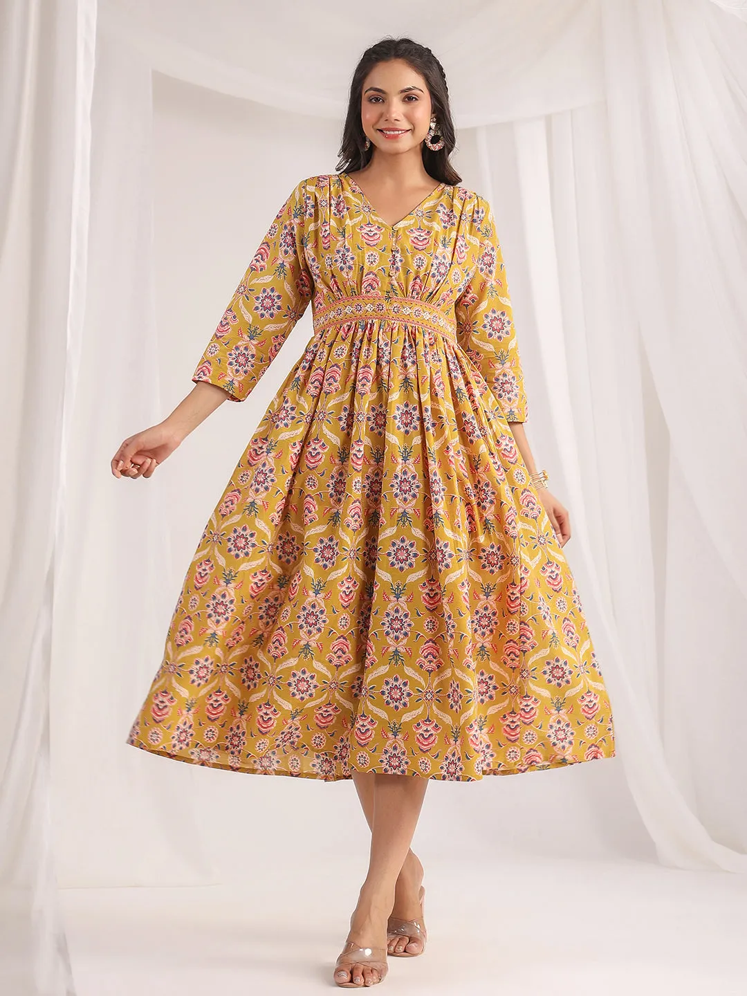 Mustard Cotton Ethnic Motifs Gathered Dress