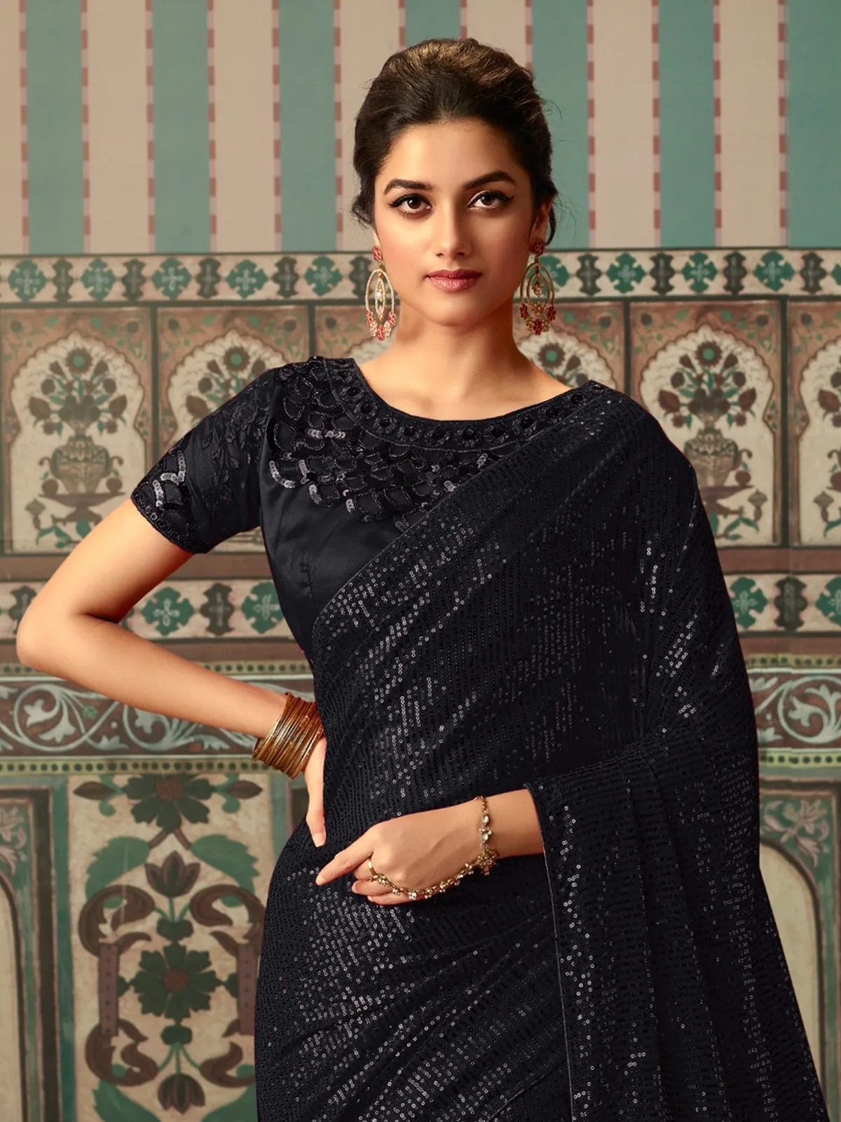 Odette Black Georgette Embellished Saree with Unstitched Blouse For Women