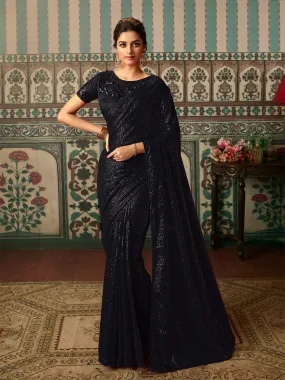 Odette Black Georgette Embellished Saree with Unstitched Blouse For Women