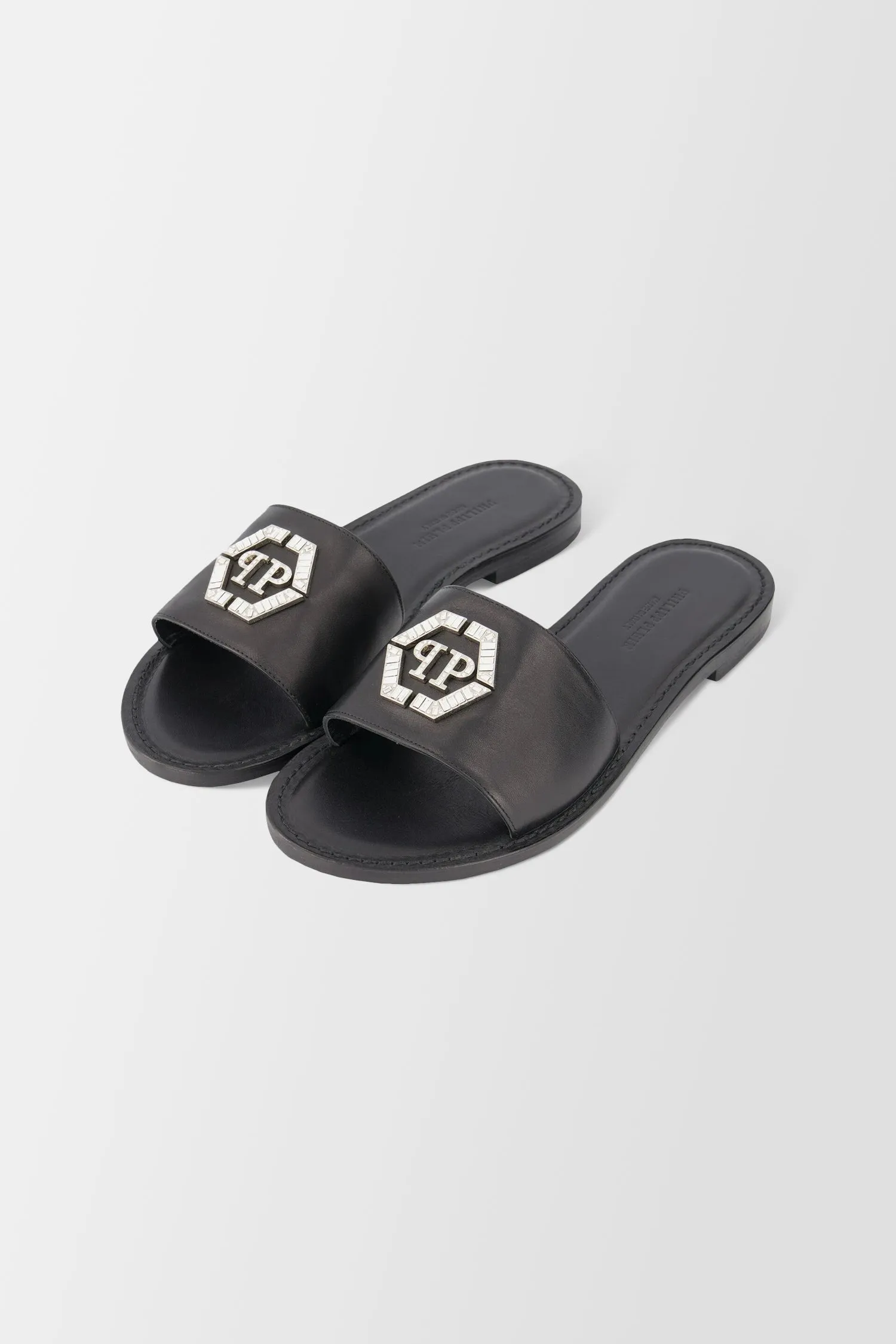 Philipp Plein Black Leather Hexagon Logo Flat Slides