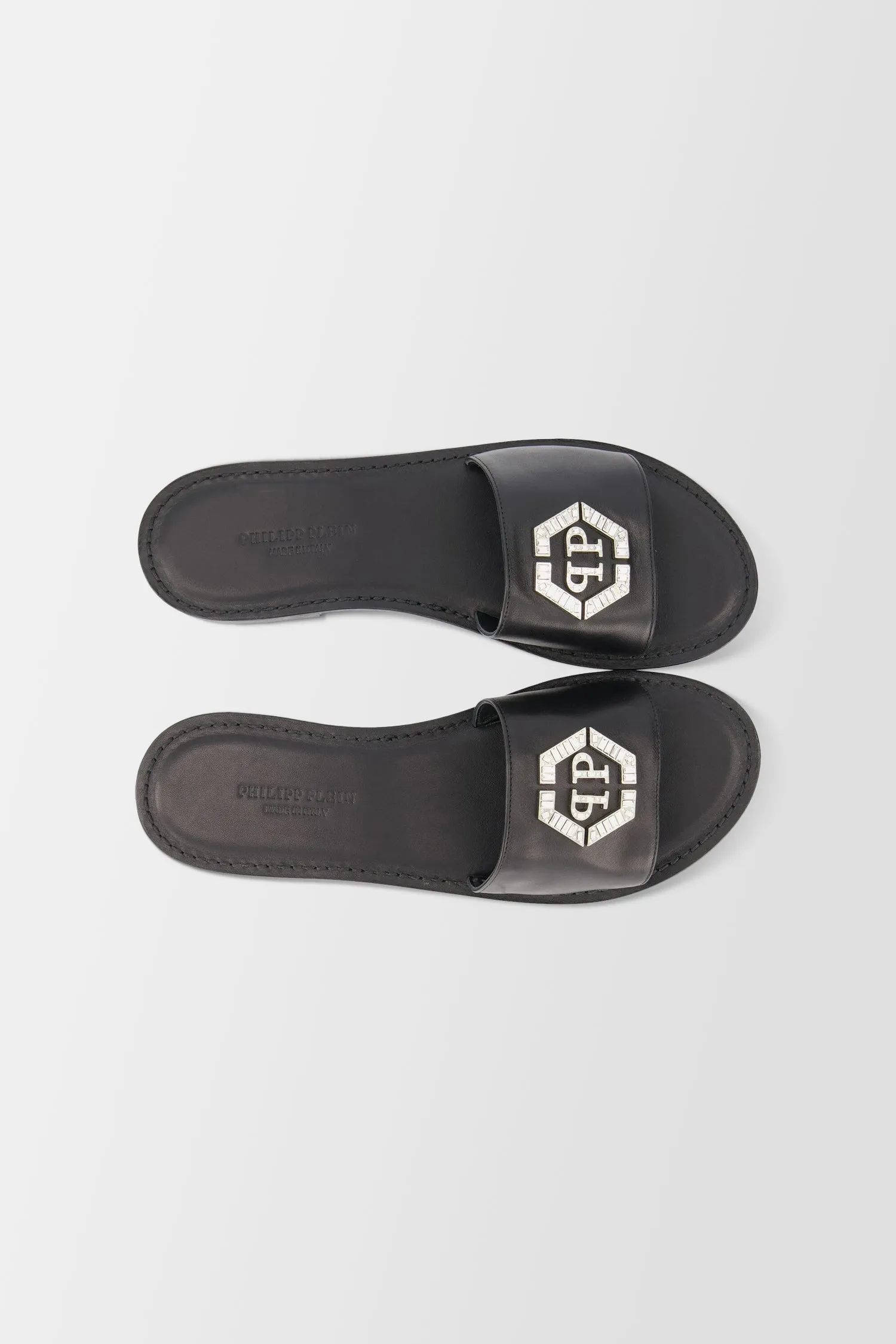 Philipp Plein Black Leather Hexagon Logo Flat Slides