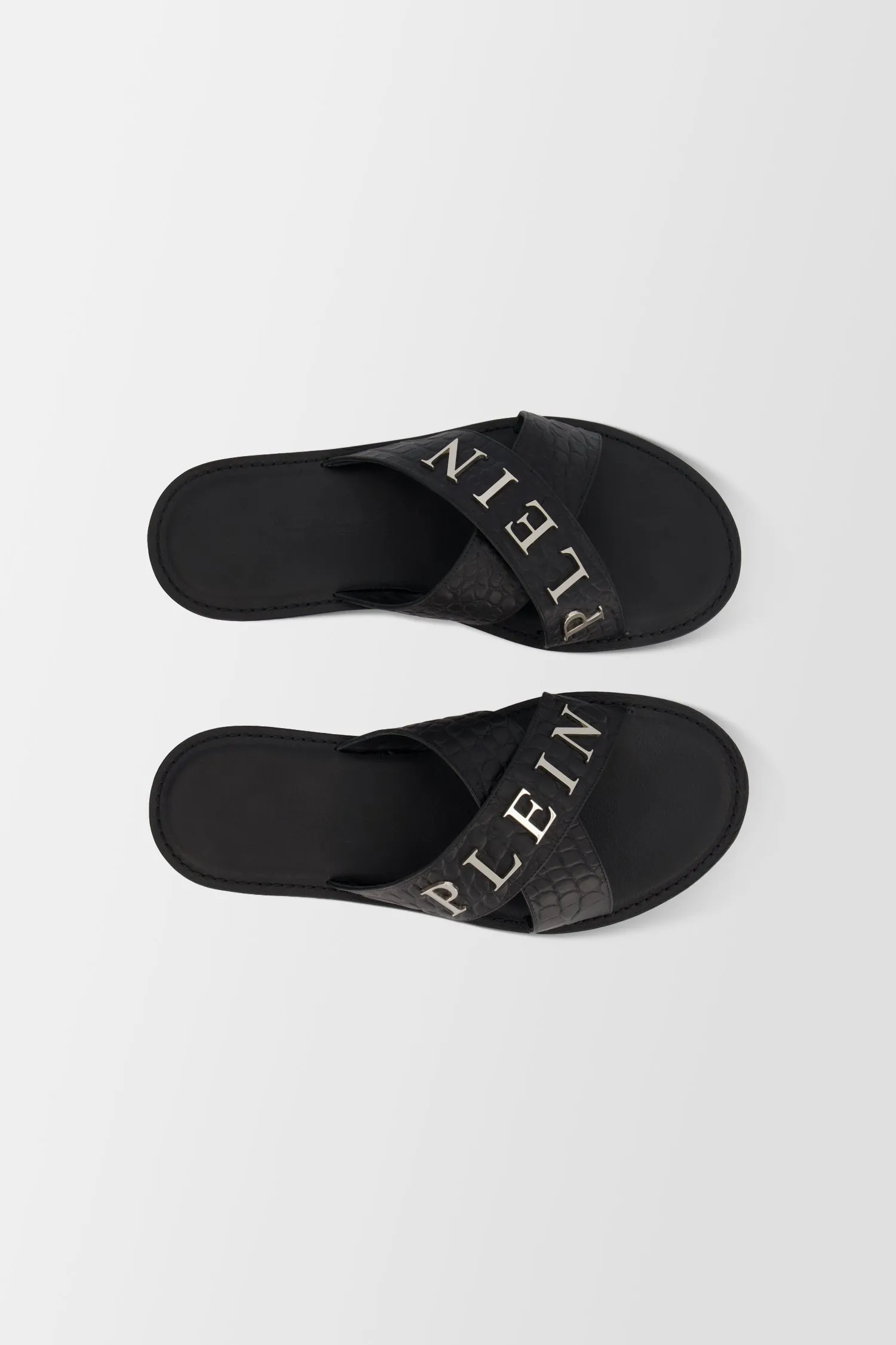 Philipp Plein Black Metal Logo Flat Slides