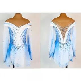 #SK0015 Beautiful Figure Skating Dress -Blue Ombre-Round Neck -Hook Sleeve- Diamond Competition Performance Costume-