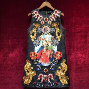 Women Vintage Sleeveless Diamonds Runway Dress